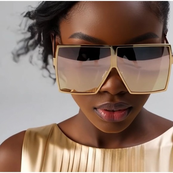 Oversize Vintage Retro Shield Style SUN GLASSES XL Square Gold Frame Pink Lens - Picture 10 of 10